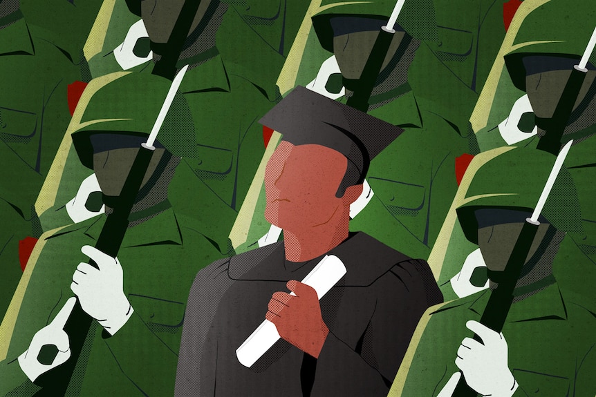 An illustration of a university graduate, complete with cap and gown, standing amid a see of camoflagued soldiers.