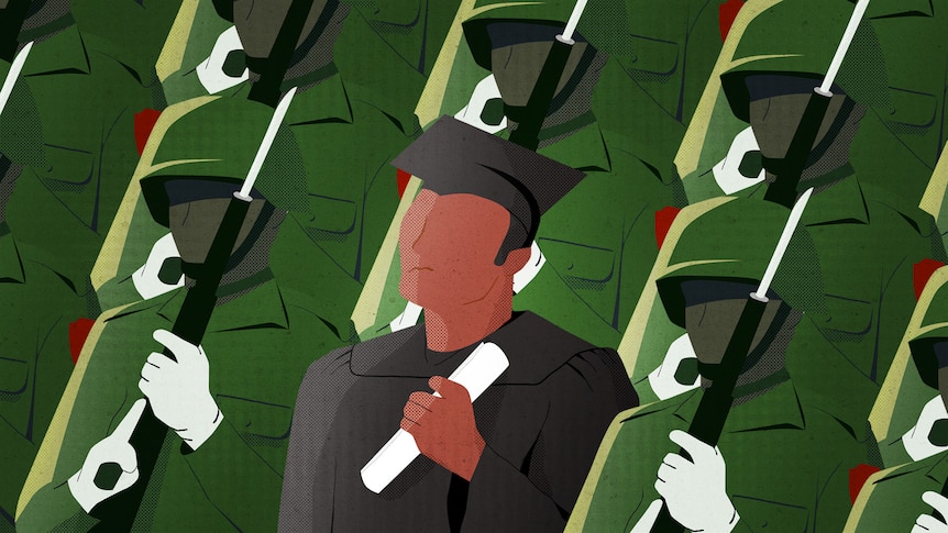 An illustration of a university graduate, complete with cap and gown, standing amid a see of camoflagued soldiers.