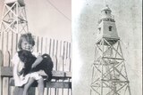 A composite of two black and white photos, one is a smiling little girl holding a black dog, the other is a lighthouse.