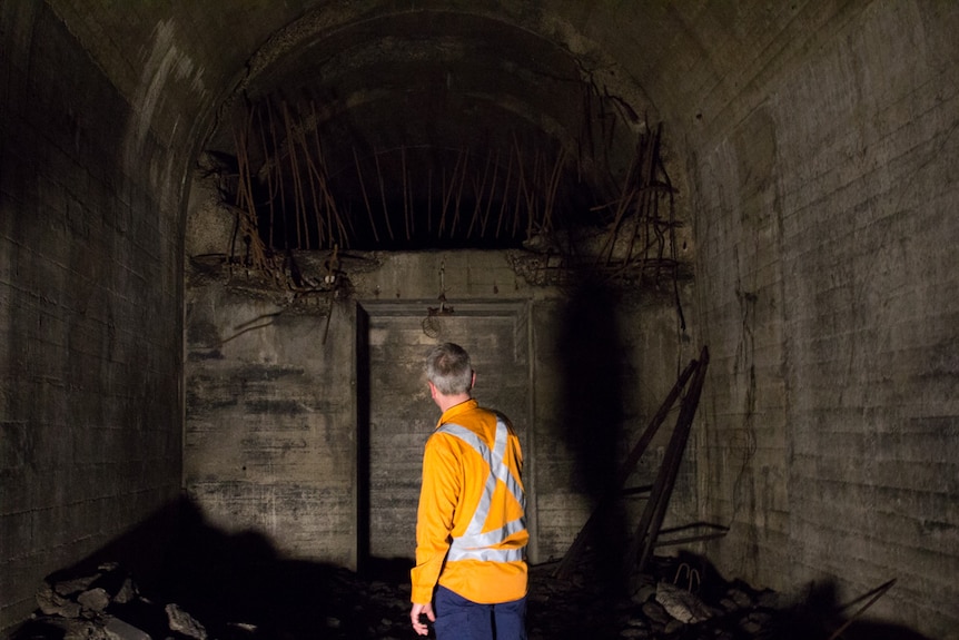 St James station tunnel with remanets of construction abandoned after WWII