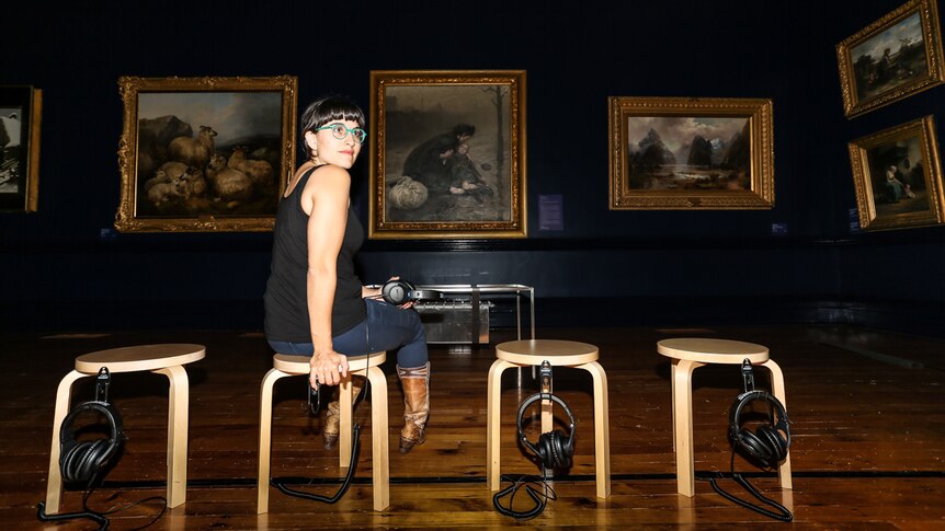 Socially engaged artist Gabrielle de Vietri and her sound installation in front of Thomas Kennington's 'Homeless'.