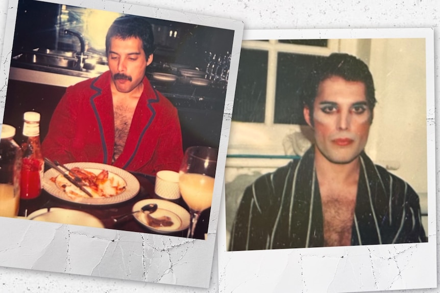 A photo of a man sitting at a table with food in front of him, and a photo of a man wearing make up looking at the camera