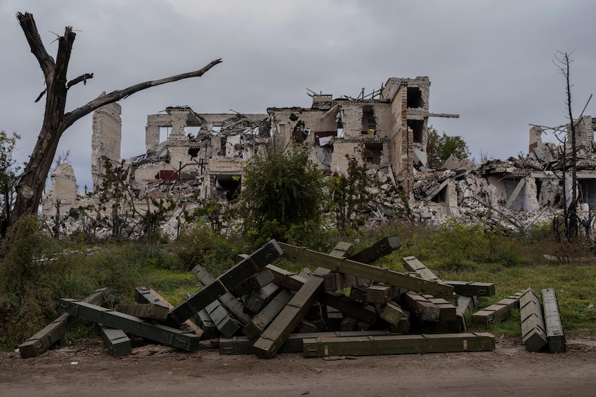 A destroyed brick building