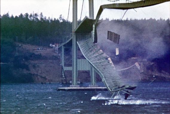 Tacoma Narrows Bridge collapsing in November 1940 (Source en.wikipedia.org)