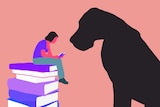 An illustration of a reader with a big black dog looking on for a story about books about depression