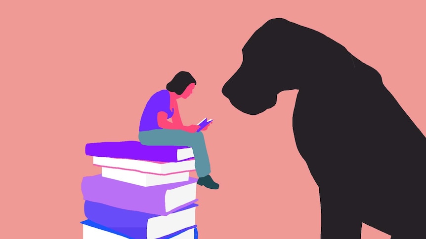 An illustration of a reader with a big black dog looking on for a story about books about depression