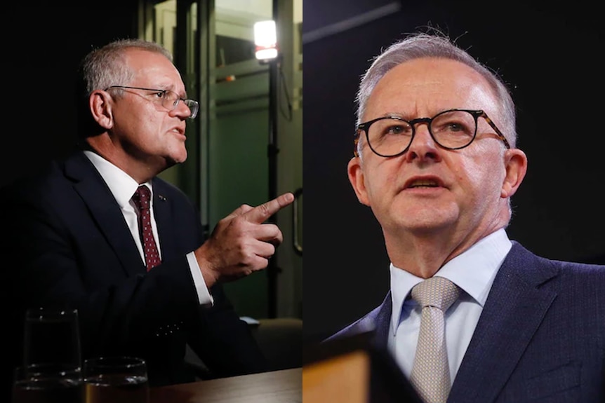 Side by side photos of Scott Morrison, wearing a suit and pointing, and Anthony Albanese, wearing a blue suit