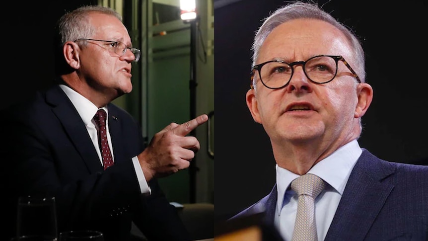 Side by side photos of Scott Morrison, wearing a suit and pointing, and Anthony Albanese, wearing a blue suit