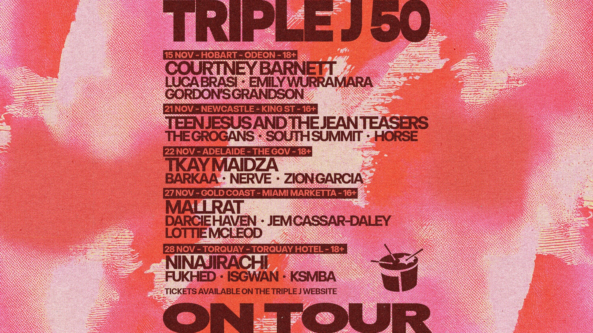 Textures red image with dark red text detailing triple j 50 on tour live gigs