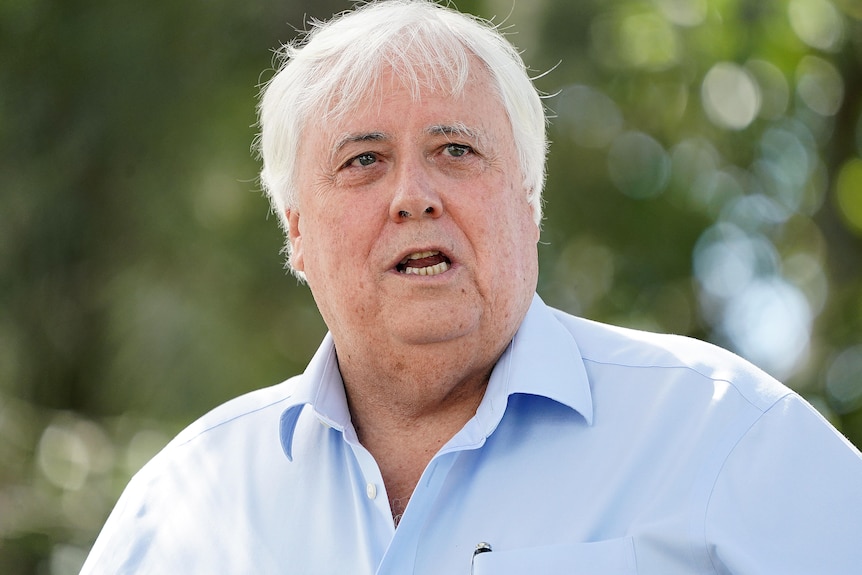 Clive palmer in a blue shirt, trees in the background