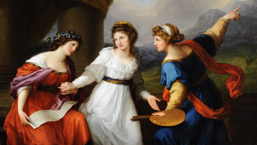 An oil painting. Three women seem in disagreement about whether to pursue painting or music.