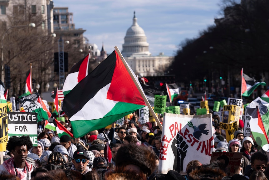 A Palestinian flag is waved as a crowd stands outside the White House.