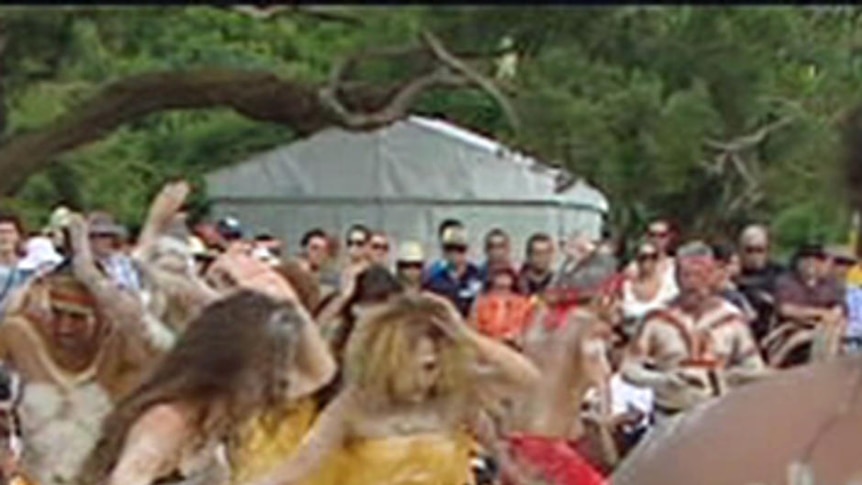 TV still of Aboriginal ceremony celebrating Australia Day in Sydney.