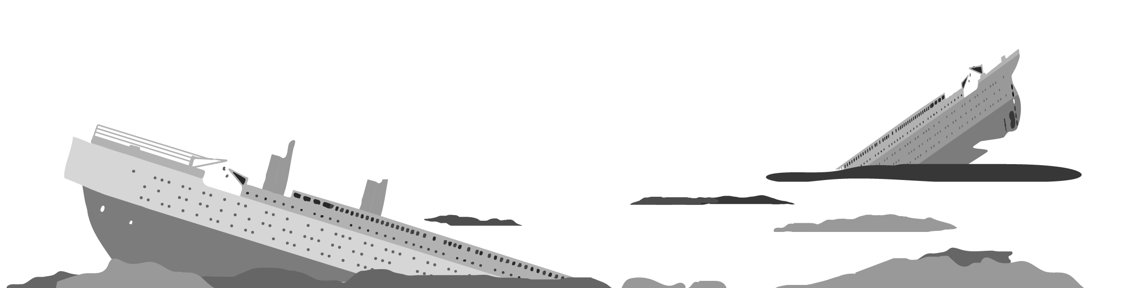 A simple illustrations showing the pieces of the Titanic spread over the bottom of the ocean floor.