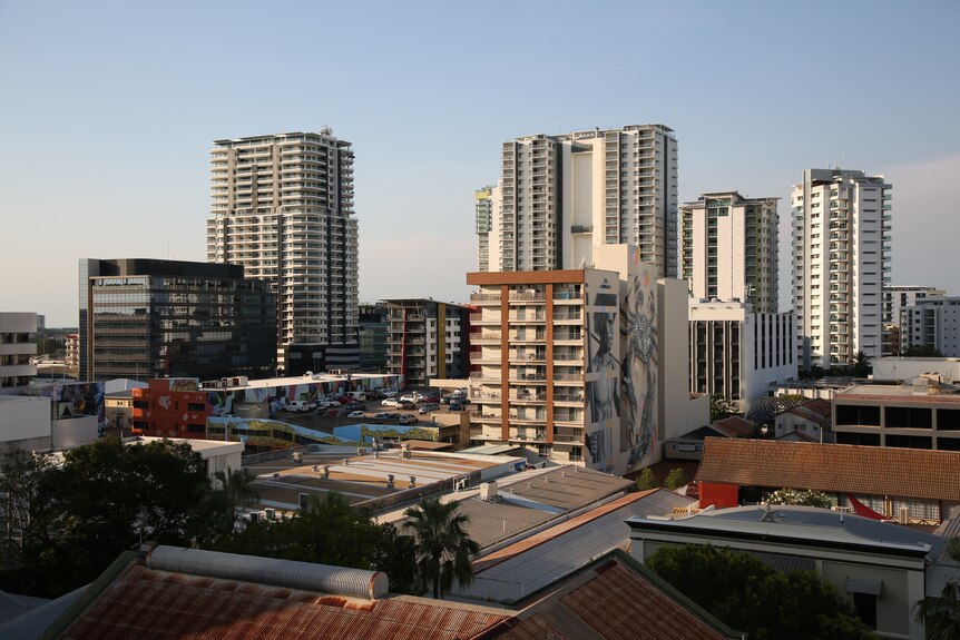 An photo of Darwin CBD, which shows tall buildings and a blue sky.