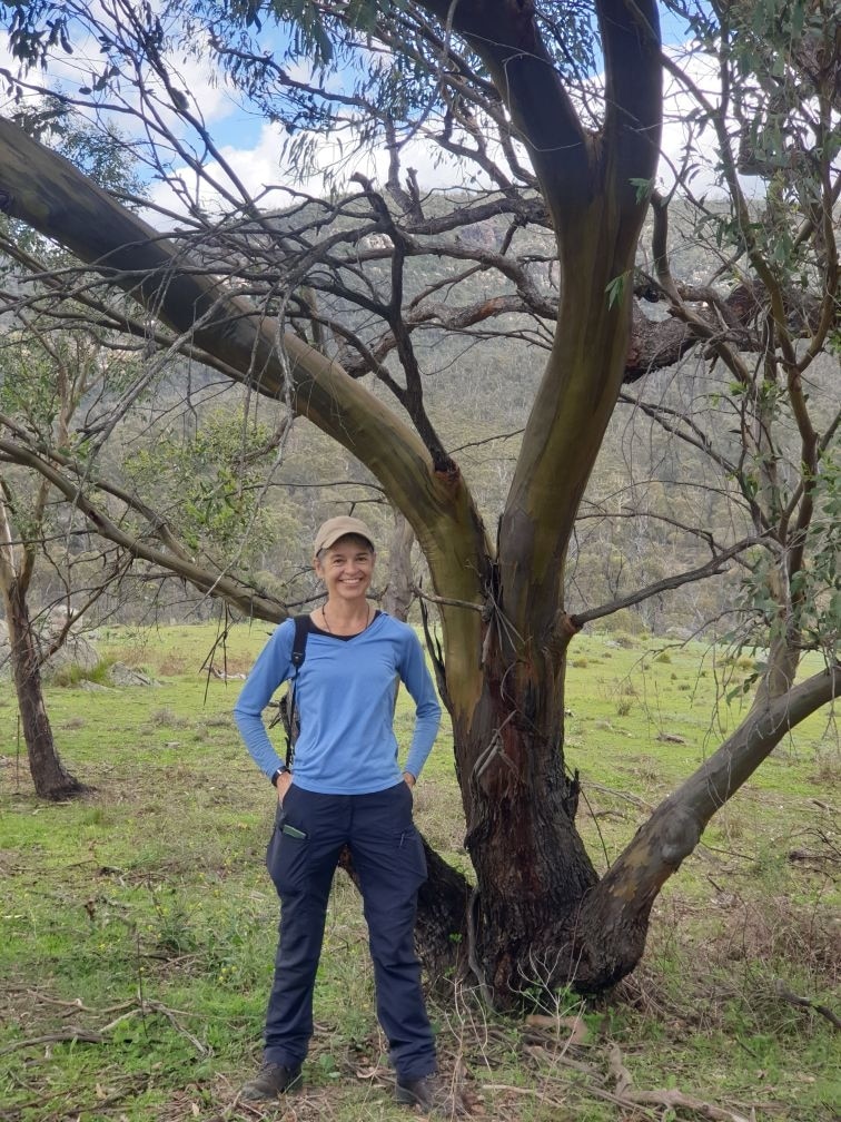 A woman in blue birdwatching gear standing near a tree