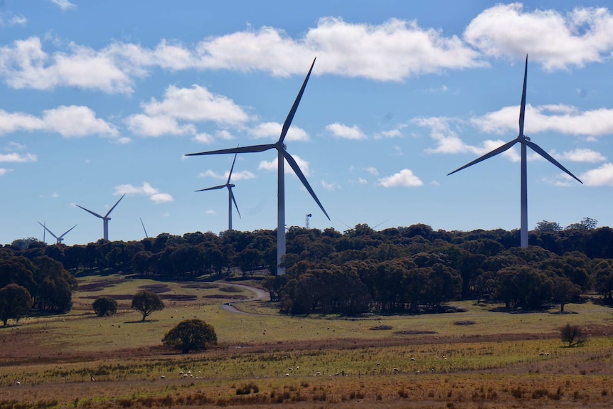 Large wind turbines on a ridge near Crookwell in southern New South Wales.