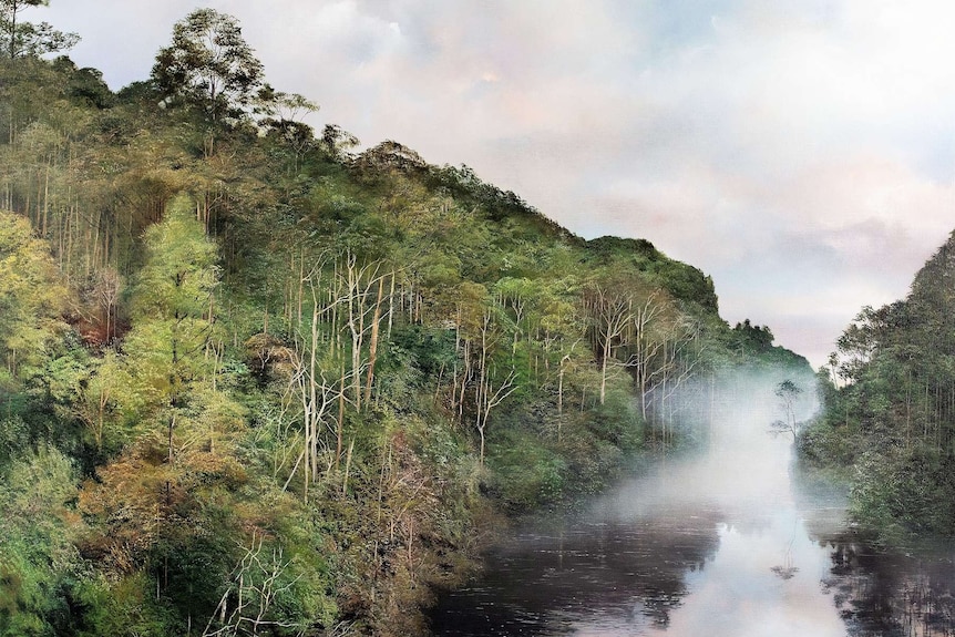 A photo of a painting of Forth River in Tasmania titled 'The World is Quiet Now' by Melanie McCollin-Walker.