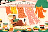 An illustration of a woman reading in a backyard under a clothesline hung with washing, surrounded by piles of books