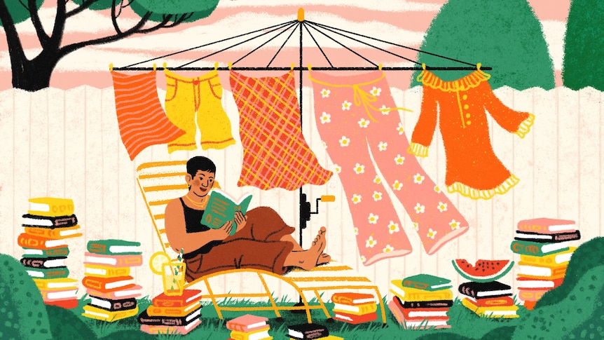 An illustration of a woman reading in a backyard under a clothesline hung with washing, surrounded by piles of books