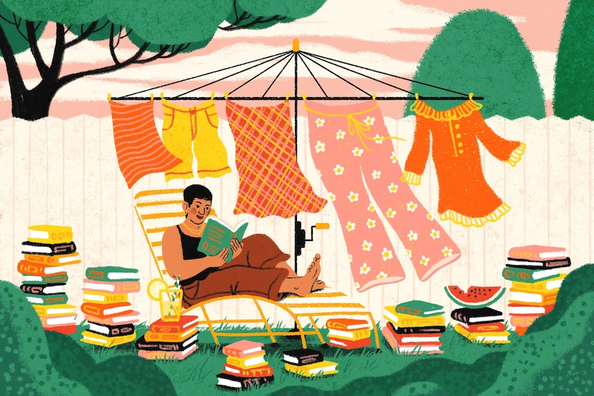 An illustration of a woman reading in a backyard under a clothesline hung with washing, surrounded by piles of books