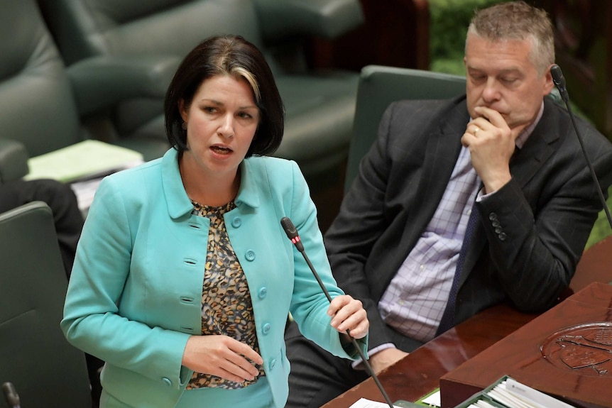 Emma Kealy speaking in the Victorian Parliament as another MP looks on.