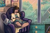 Illustration of a pregnant woman snuggled in an armchair for a story about ADHD and pregnancy.