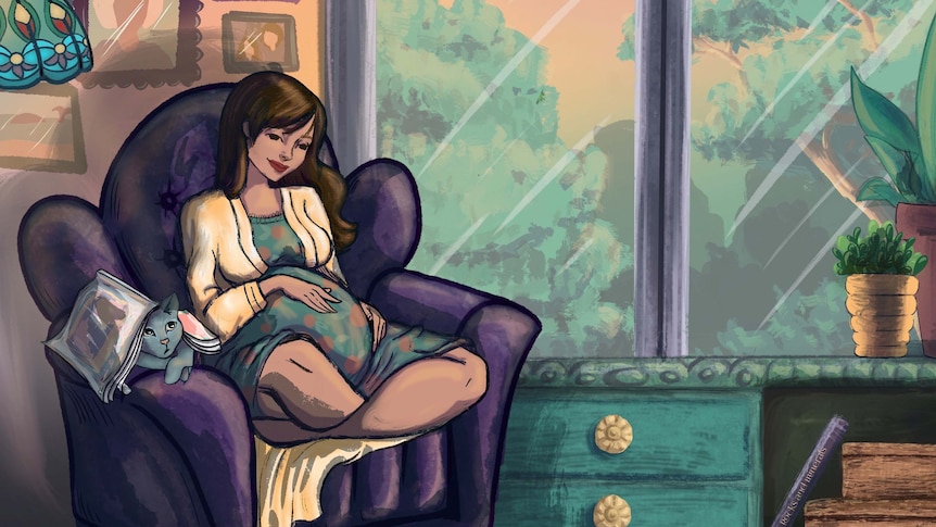 Illustration of a pregnant woman snuggled in an armchair for a story about ADHD and pregnancy.