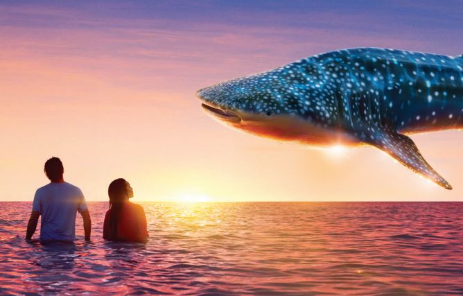An artist's impression of a blue whale in the sky above two people in the ocean looking up.