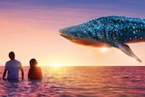 An artist's impression of a blue whale in the sky above two people in the ocean looking up.