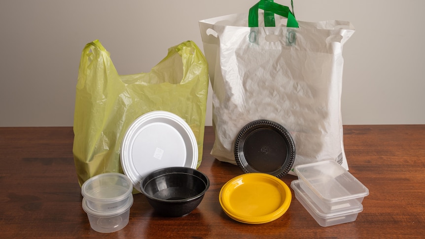 Plastic bags, plastic takeaway containers and plastic plates.