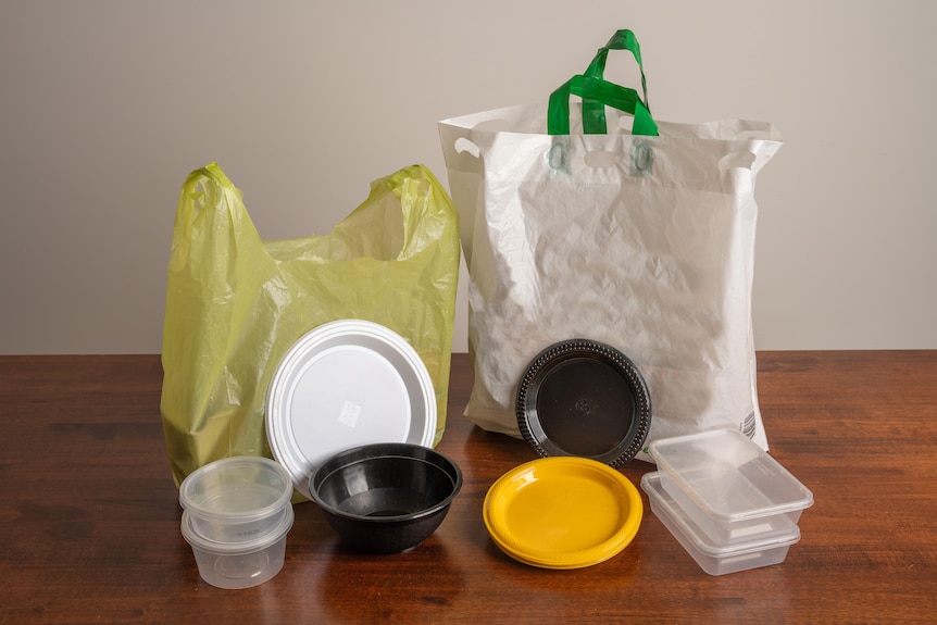 Plastic bags, plastic takeaway containers and plastic plates.