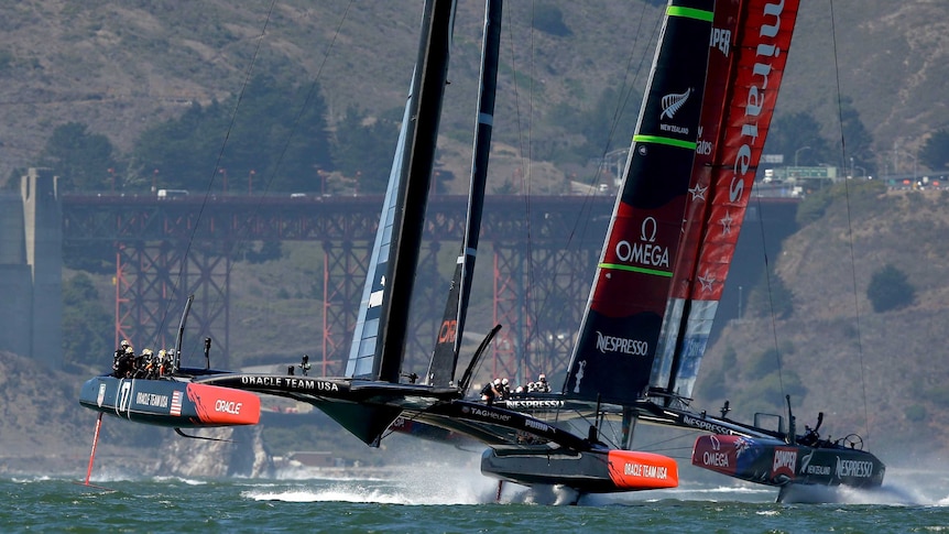 Oracle Team USA amd Emirates Team New Zealand during race 12.