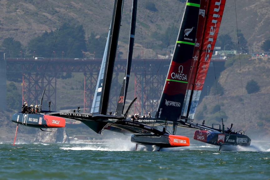 Oracle Team USA amd Emirates Team New Zealand during race 12.