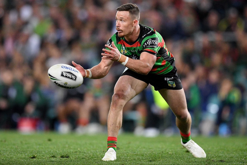 Damien Cook passing from dummy half for the Rabbitohs against the Roosters in the NRL preliminary final.