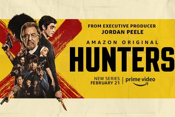 A poster for the Amazon series Hunters, featuring Al Pacino and other cast members on a yellow background with a red cross.