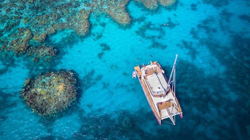 Overhead view of a catamaran on an ocean reef.