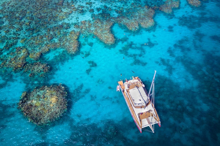 Overhead view of a catamaran on an ocean reef.