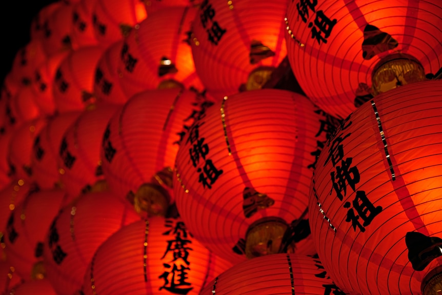 Red lanterns with chinese characters