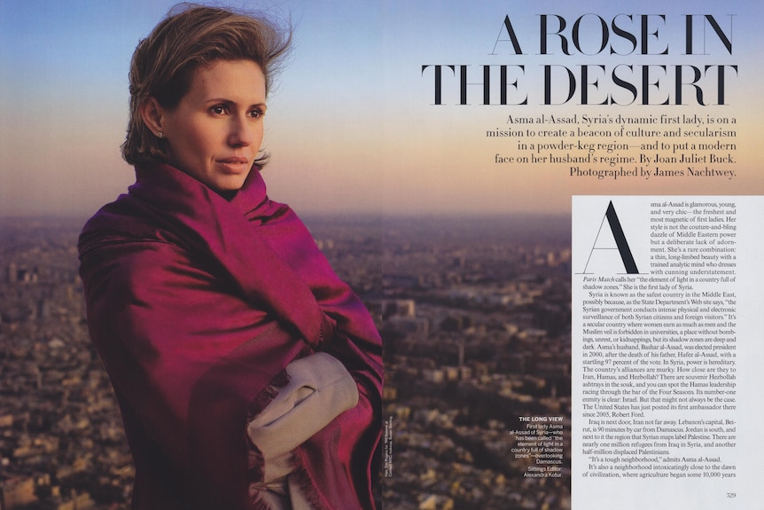 A scanned image of a two-page magazine spread featuring Asma al-Assad and titled A ROSE IN THE DESERT