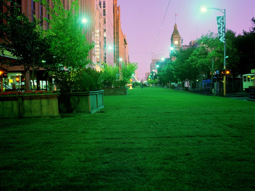 An imagining of a grassed Swanston St