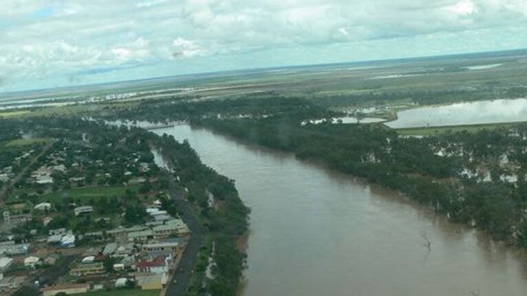 The Balonne River with the town of St George on the left after floods.