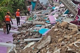 Three rescue crew members in high-vis kit use dogs on leashes to search a collapsed lilac and teal building.