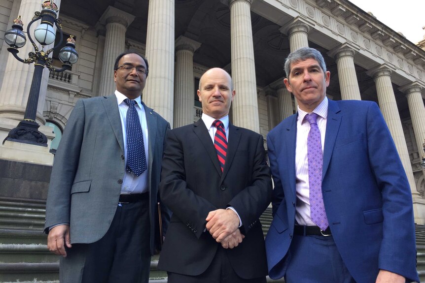 Dr Mukesh Haikerwal, Dr Stephen Parnis, and Dr Mark Yates (left to right) stand outside Parliament in Melbourne.
