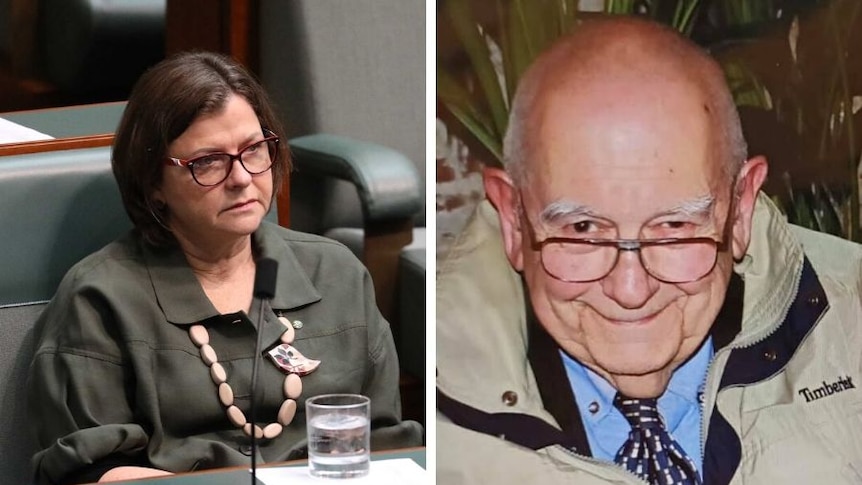 A composite image shows politician Ged Kearney sitting in the House of Representatives and her elderly father-in-law.