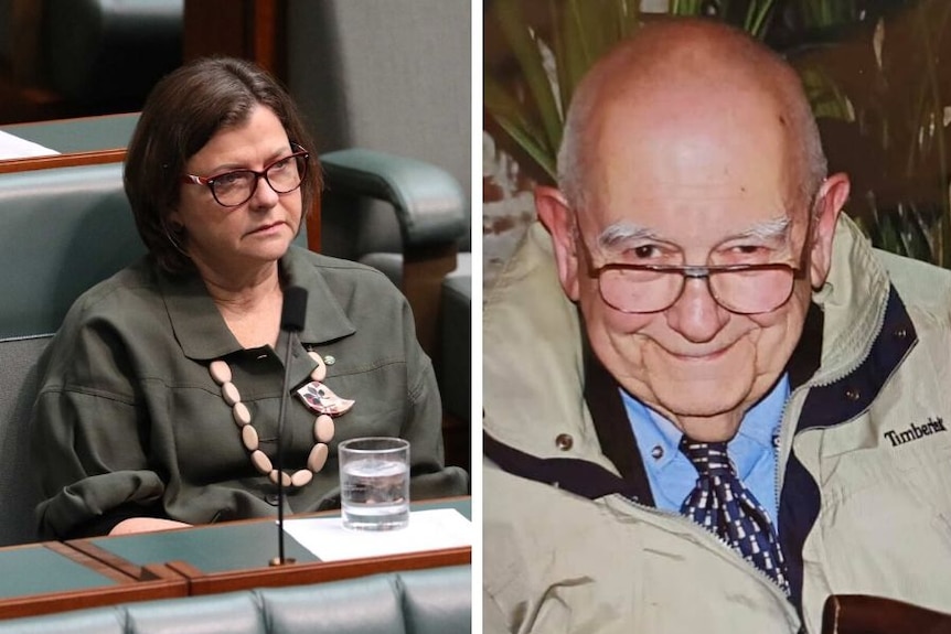 A composite image shows politician Ged Kearney sitting in the House of Representatives and her elderly father-in-law.