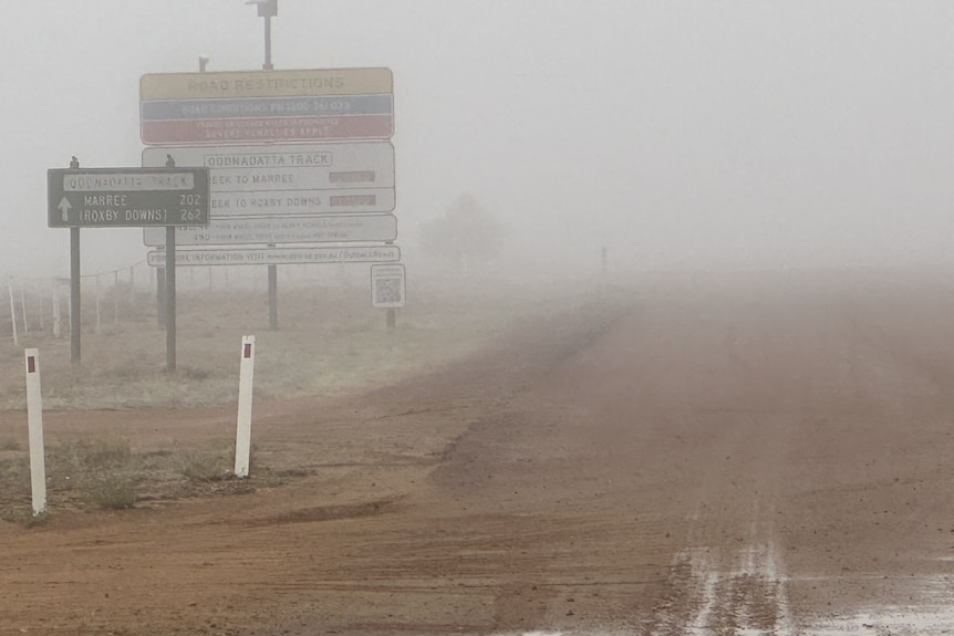 A dirt track with signs on the side blanketed in thick fog