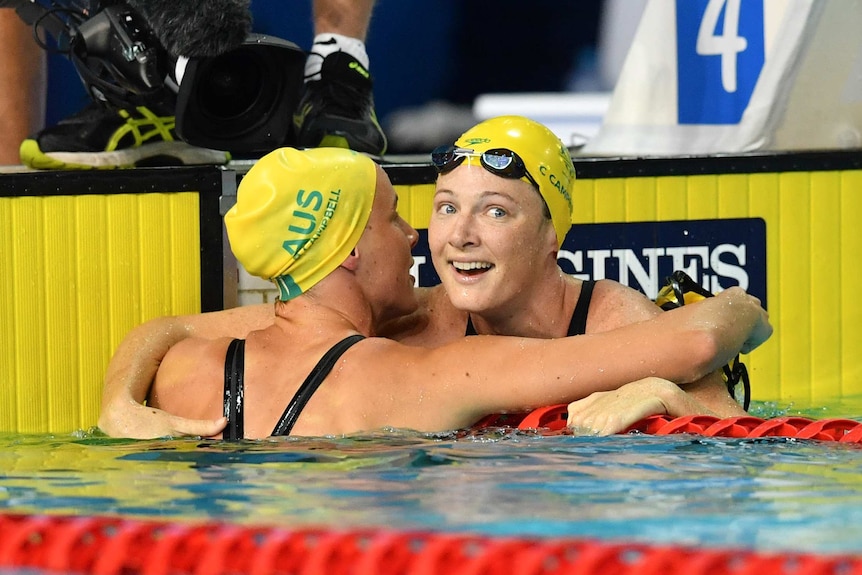 The Campbell sisters embrace at the finish.