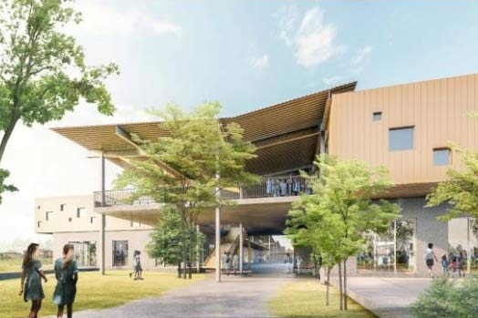 An artist's impression of how the school will look, a big tall bronze-coloured building.