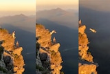 Three composite images showing a person base jumping off the peak of Bluff Knoll 